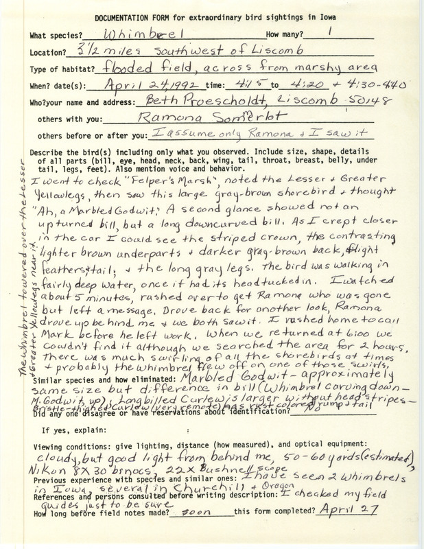 Rare bird documentation form for a Whimbrel at southwest of Liscomb in Marshall County, IA on April 24, 1992.