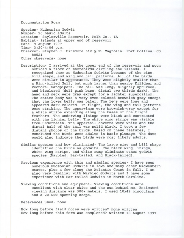 Rare bird documentation form for twenty-six Hudsonian Godwits in Saylorville Reservoir in Polk County, IA on August 9, 1997.