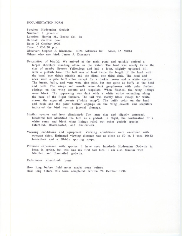 Rare bird documentation form for a Hudsonian Godwit at Harrier March in Boone County, IA on October 26, 1996.