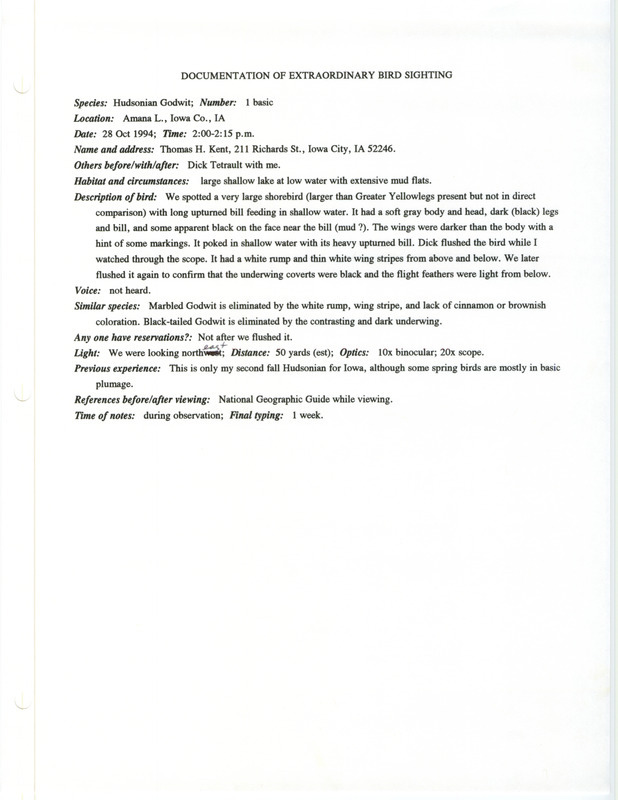 Rare bird documentation form for a Hudsonian Godwit at Amana Lake in Iowa County, IA on October 28, 1994.