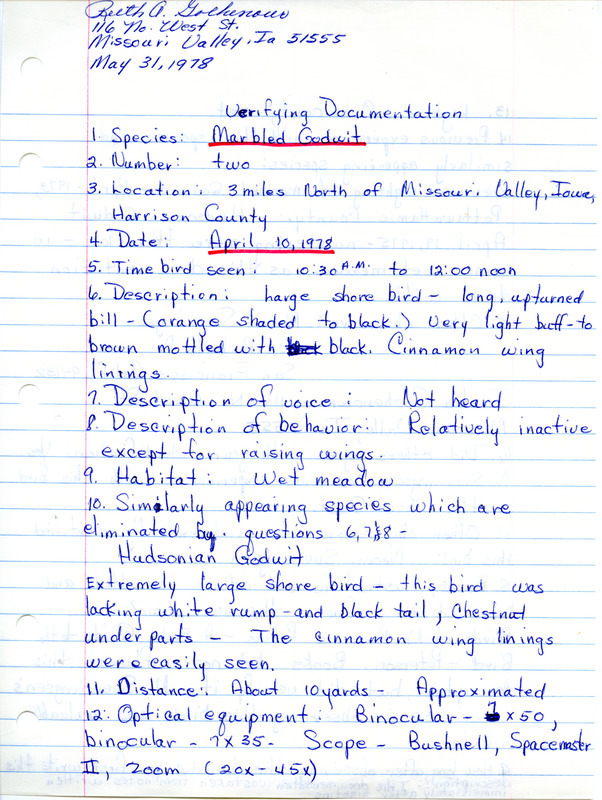 Rare bird documentation form for two Marbled Godwits in Missouri Valley in Harrison County, IA on April 10, 1978.