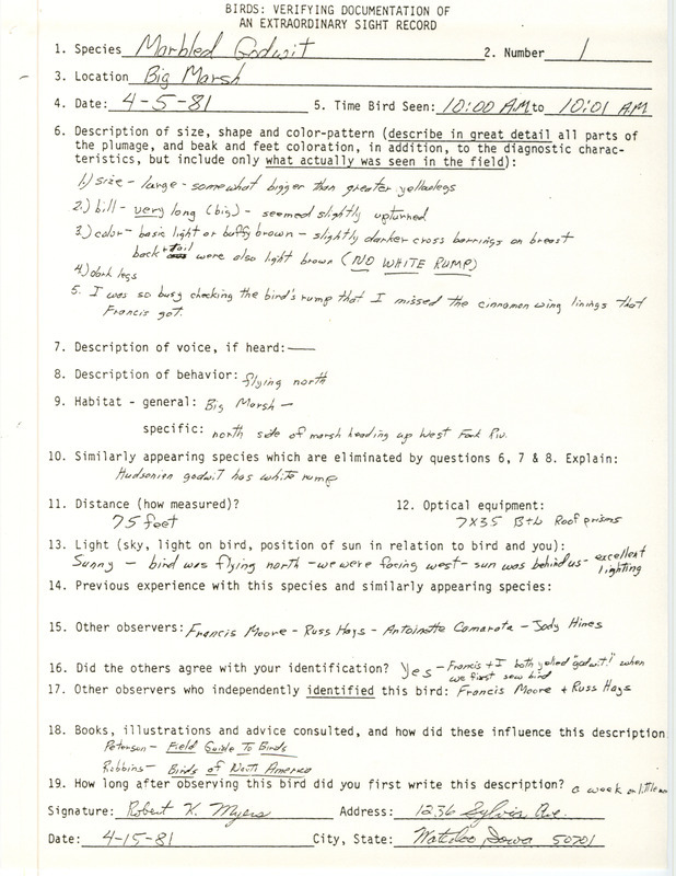 Rare bird documentation form for a Marbled Godwit at Big March in Butler County, IA on April 5, 1981.