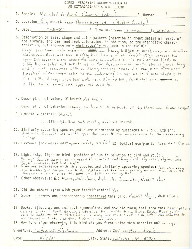 Rare bird documentation form for a Marbled Godwit at Big March near Parkersburg in Butler County, IA on April 5, 1981.