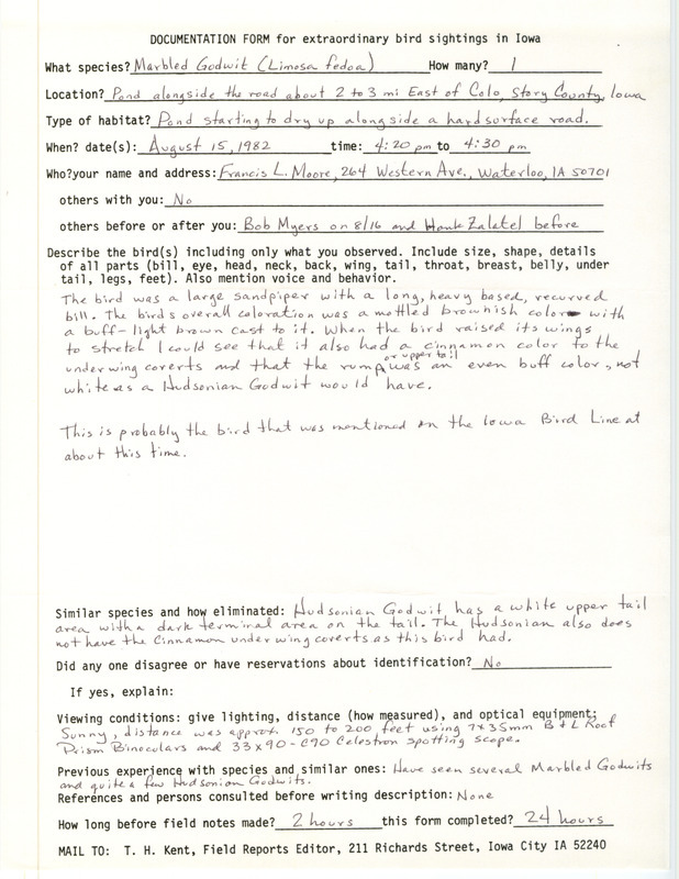 Rare bird documentation form for a Marbled Godwit east of Colo in Story County, IA on August 15, 1982.