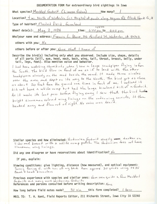 Rare bird documentation form for a Marbled Godwit north of Waterloo in Black Hawk County, IA on May 2, 1984.