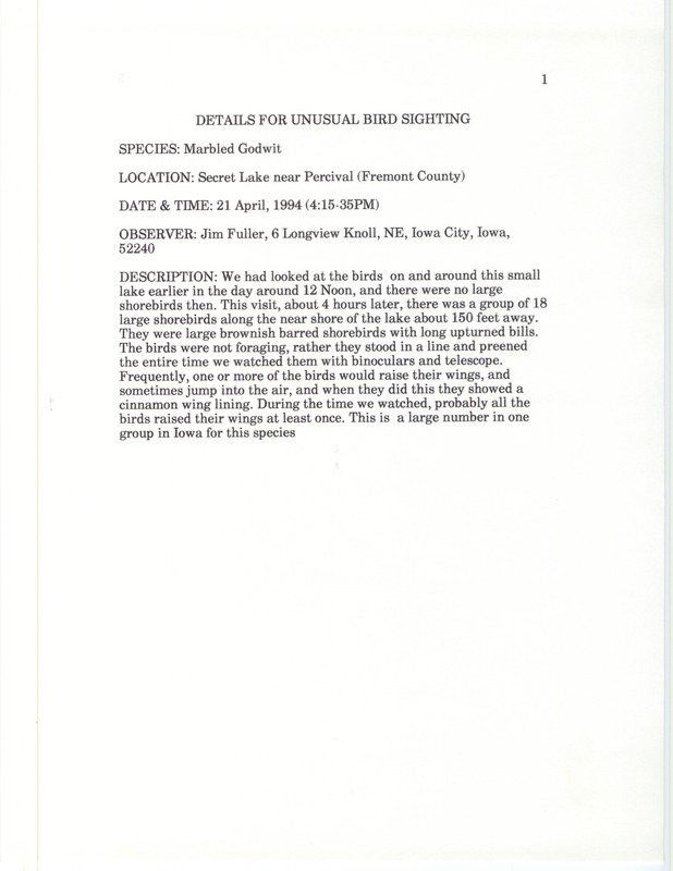 Rare bird documentation form for eighteen Marbled Godwits at Secret Lake in Fremont County, IA on April 21, 1994.