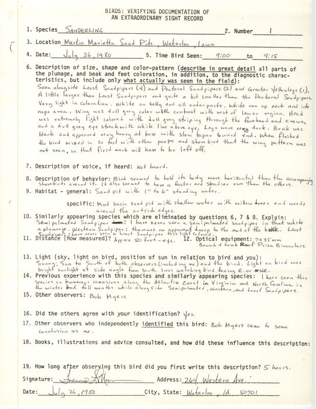 Rare bird documentation form for a Sanderling at Martin Marietta Sand Pits in Waterloo in Black Hawk County, IA on July 26, 1980.