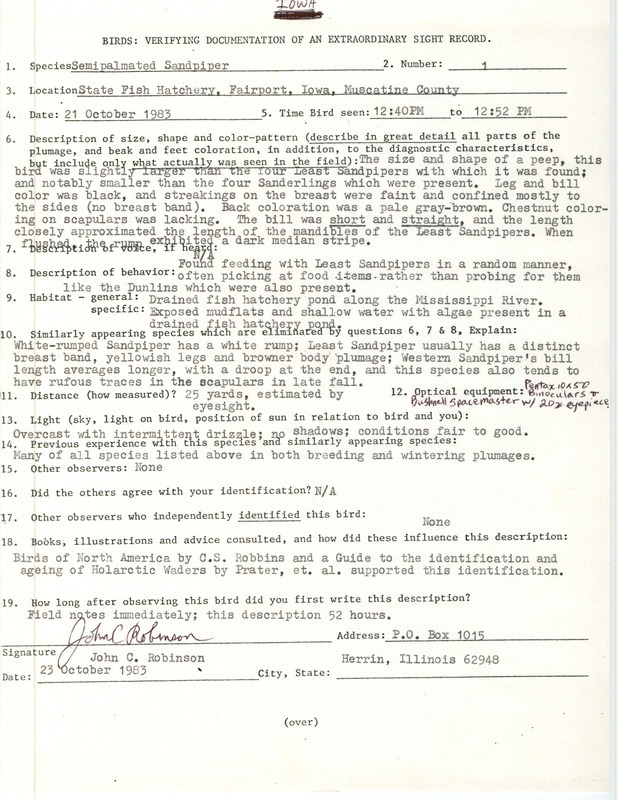 Rare bird documentation form for a Semipalmated Sandpiper at Fairport State Fish Hatchery in Muscatine County, IA on October 21, 1983.