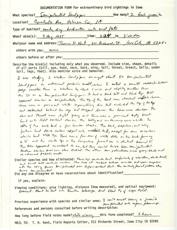 Rare bird documentation form for two Semipalmated Sandpipers at Coralville Reservoir in Johnson County, IA on August 3, 1985.