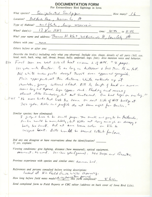 Rare bird documentation form for sixteen Semipalmated Sandpipers at Red Rock Reservoir in Marion County, IA on November 13, 1987.