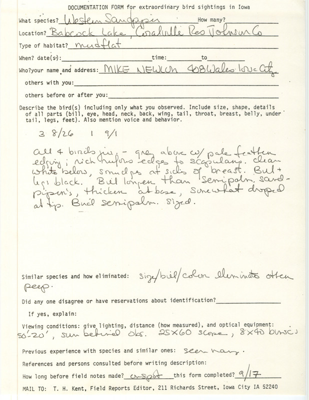 Rare bird documentation form for four Western Sandpipers at Babcock Lake in Johnson County, IA on September 17, unknown year.