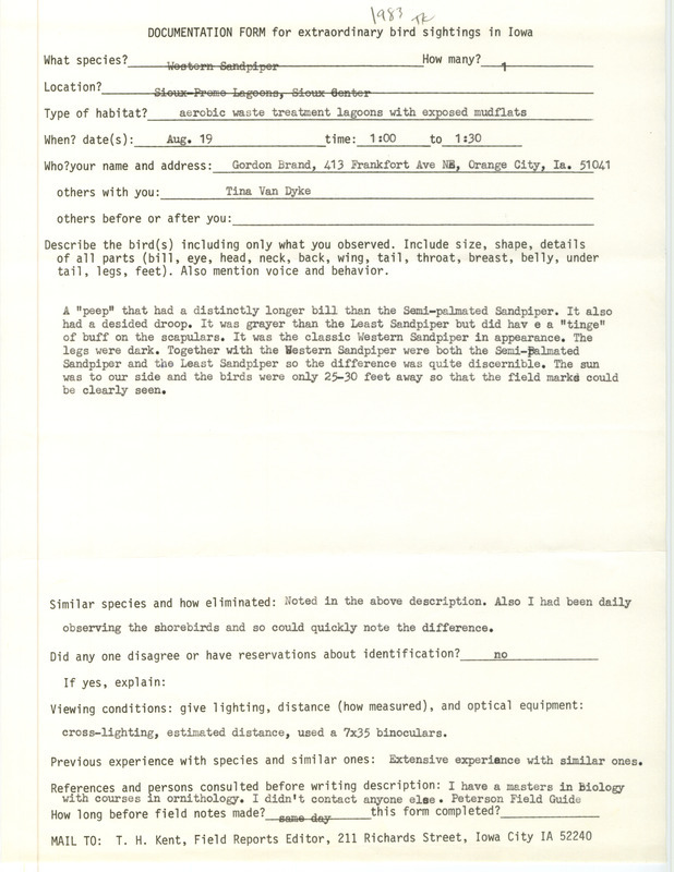 Rare bird documentation form for a Western Sandpiper at Sioux-Promo Lagoons in Sioux Center in Sioux County, IA on August 19, 1983.