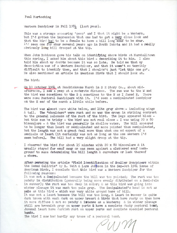 Field notes for a Western Sandpiper at Hendrickson March, IA on October 10, 1984.