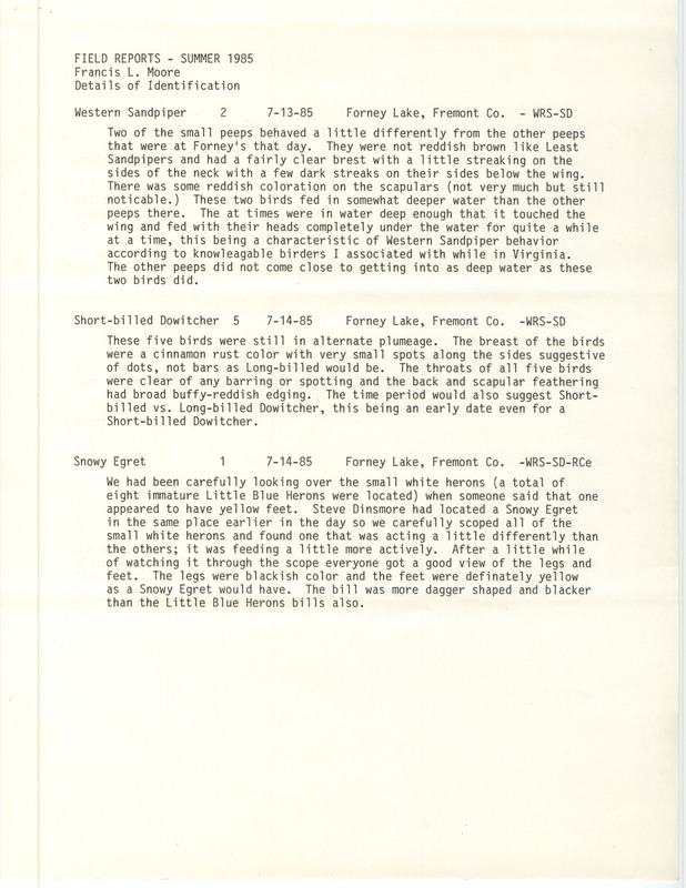 Field Reports for Summer 1985 by Francis Moore including Western Sandpipers at Forney Lake in Fremont County, IA during July of 1985.