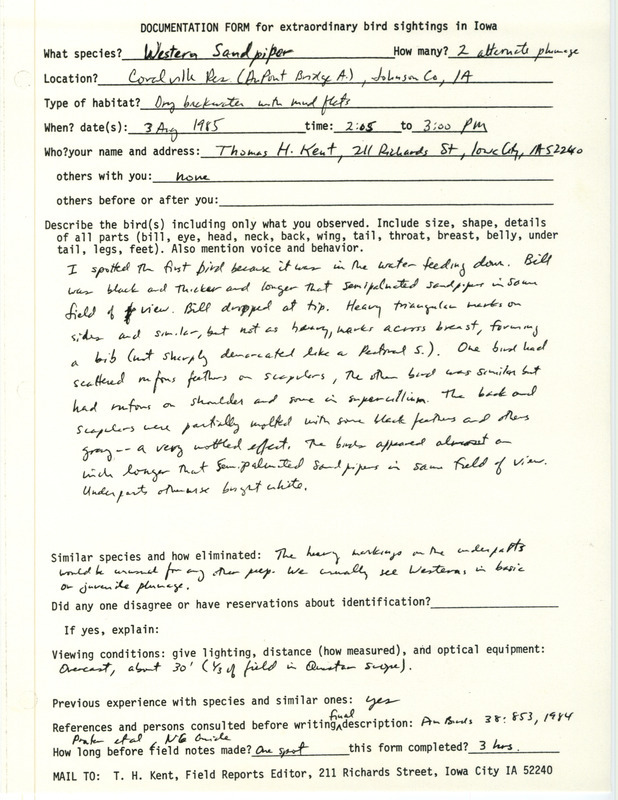 Rare bird documentation form for two Western Sandpipers at the DuPont Bridge in Coralville Reservoir in Johnson County, IA on August 3, 1985.