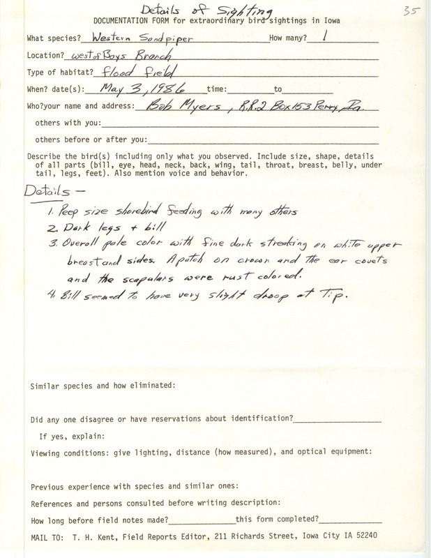 Rare bird documentation form for a Western Sandpiper at Bays Branch, IA on May 3, 1986.