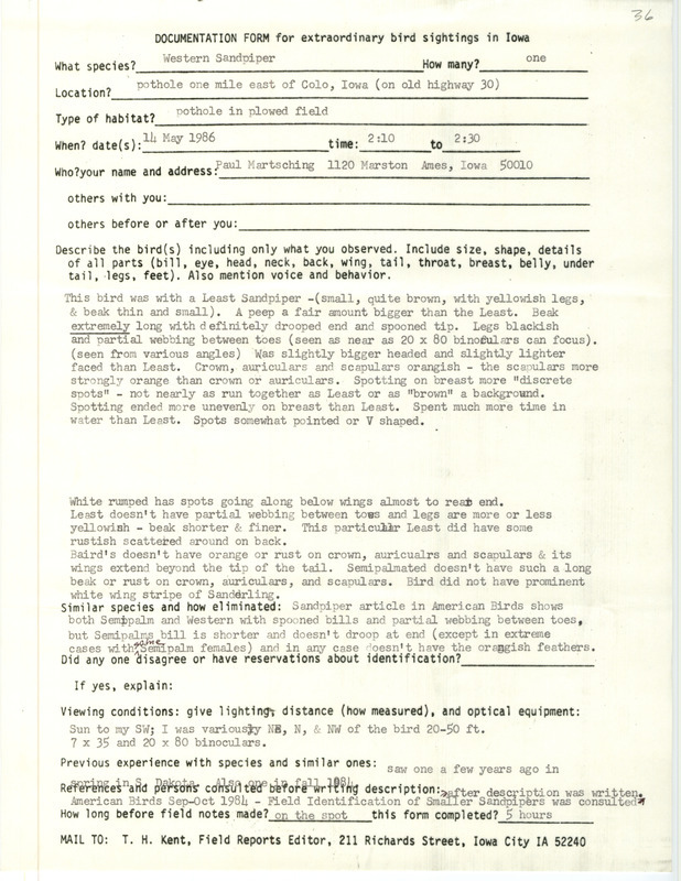 Rare bird documentation form for a Western Sandpiper east of Colo in Story County, IA on May 14, 1986.