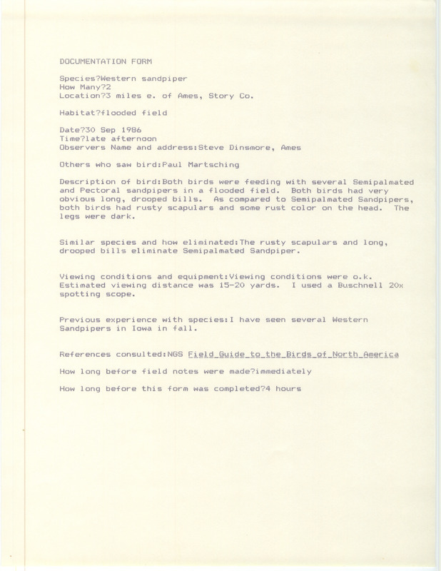 Rare bird documentation form for two Western Sandpipers east of Ames in Story County, IA on September 30, 1986.