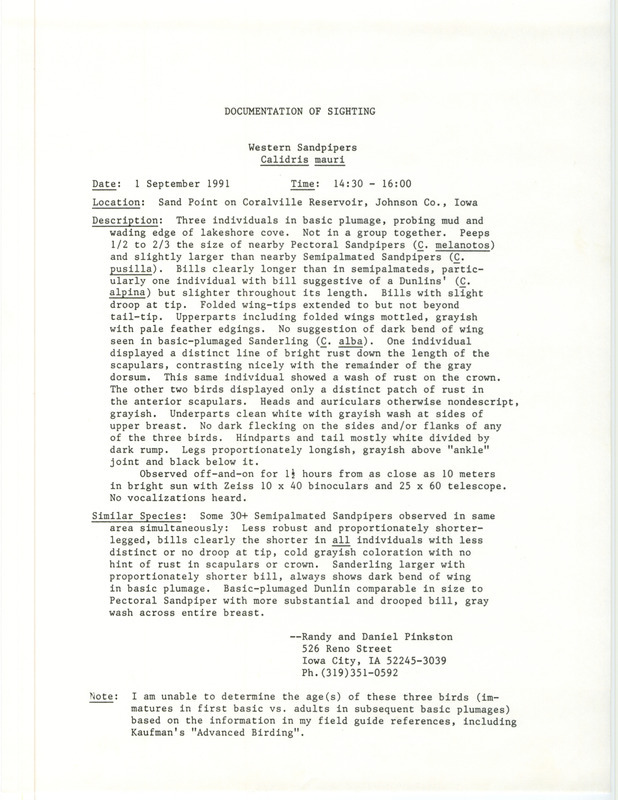 Rare bird documentation form for three Western Sandpipers at Sand Point in Coralville Reservoir in Johnson County, IA on September 1, 1991.