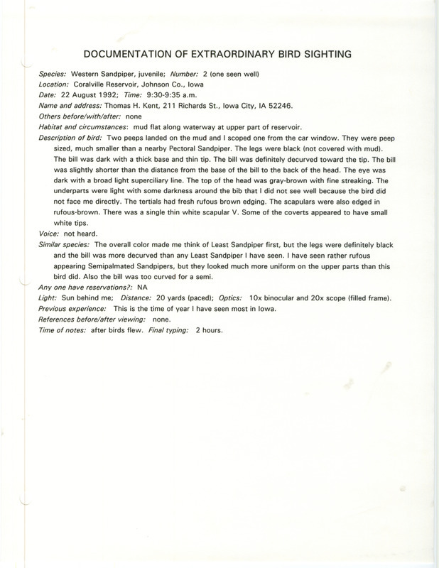 Rare bird documentation form for two Western Sandpipers at Coralville Reservoir in Johnson County, IA on August 22, 1992.