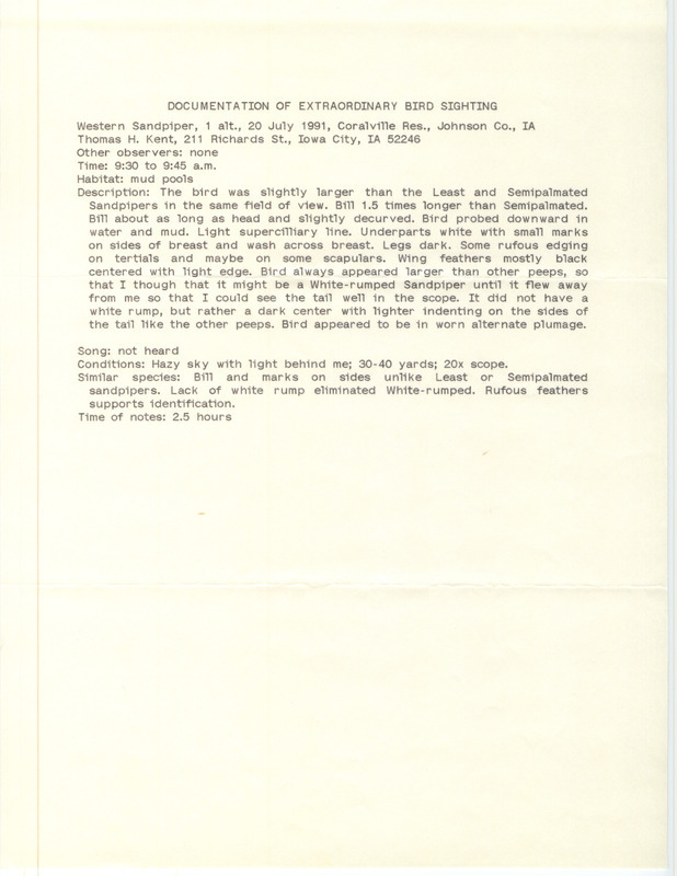 Rare bird documentation form for a Western Sandpiper at Coralville Reservoir in Johnson County, IA on July 20, 1991.