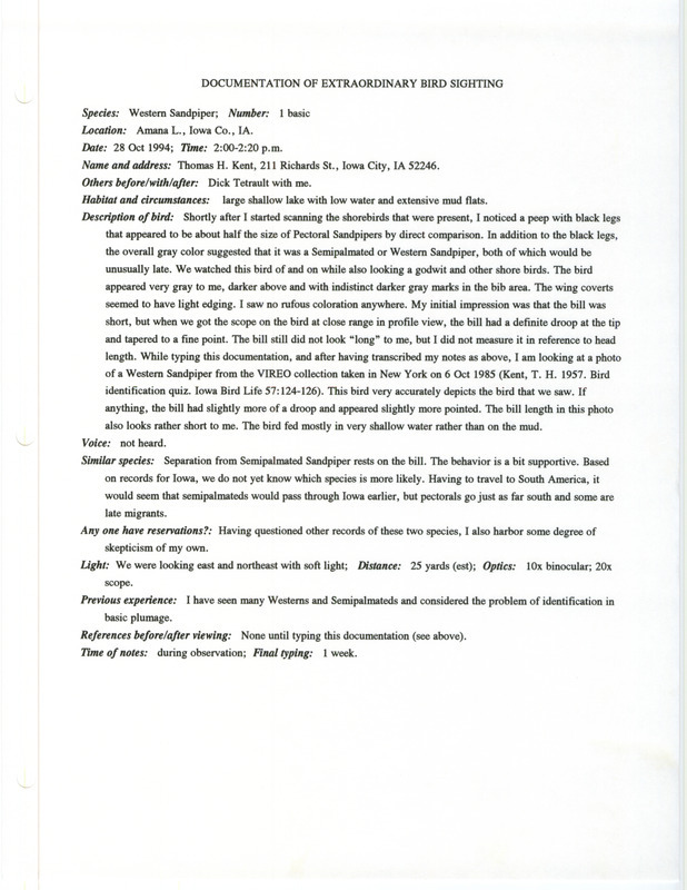 Rare bird documentation form for a Western Sandpiper at Amana Lake in Iowa County, IA on October 28, 1994.