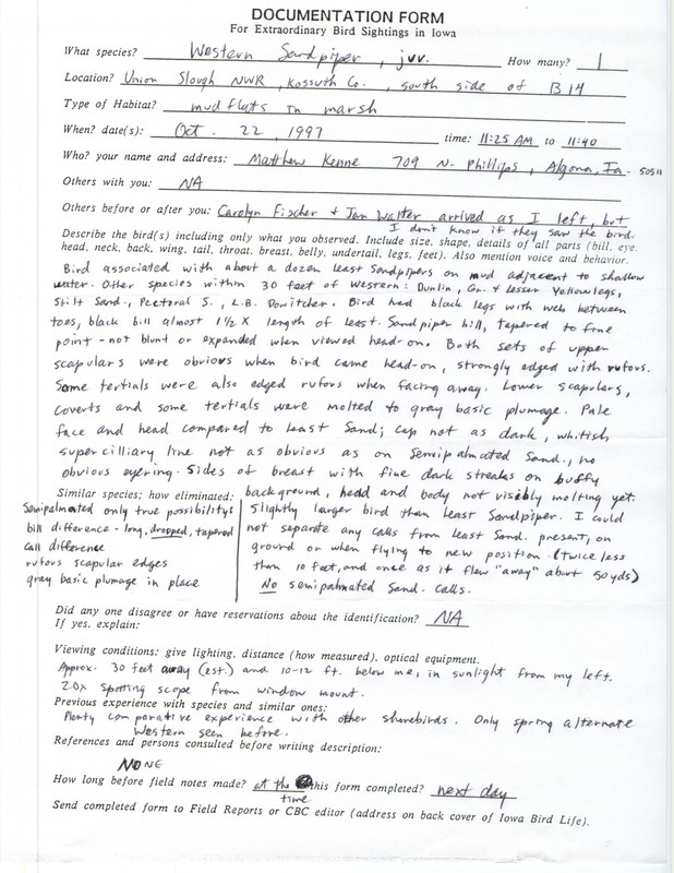 Rare bird documentation form for a Western Sandpiper at Union Slough National Wildlife Refuge in Kossuth County, IA on October 22, 1997.