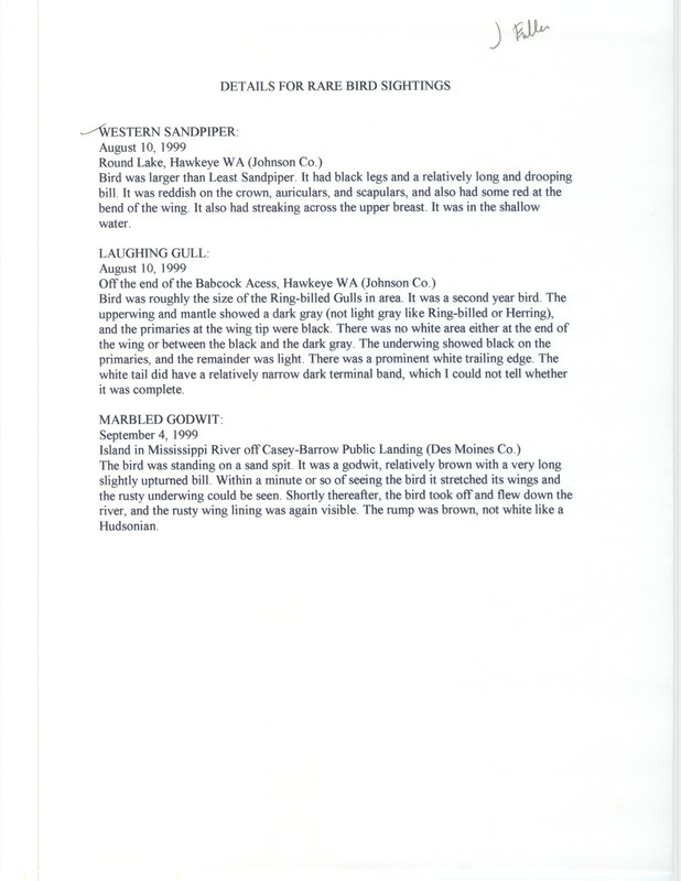 Details for rare bird sightings by James Fuller, covering August and September of 1999. Includes a Western Sandpiper seen at Round Lake in Hawkeye Wildlife Management Area, Johnson County, IA.