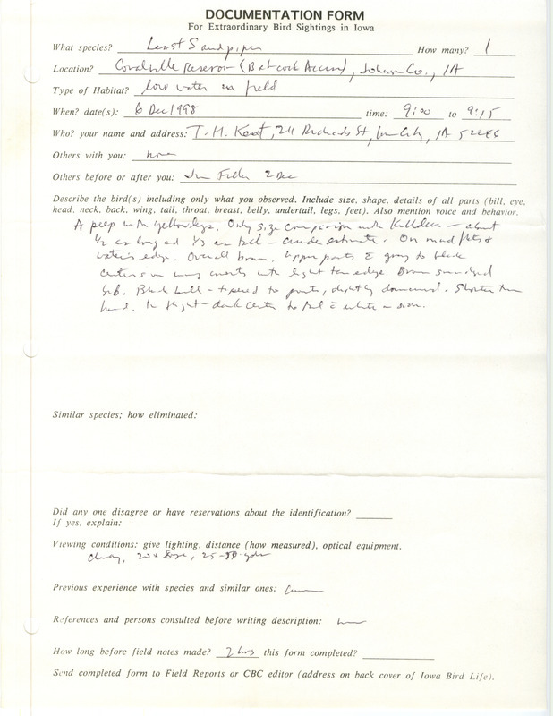 Rare bird documentation form for a Least Sandpiper at Babcock Access at Coralville Reservoir in Johnson County, IA on December 6, 1998.