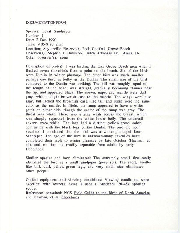 Rare bird documentation form for a Least Sandpiper at Oak Grove Beach at Saylorville Reservoir in Polk County, IA on December 2, 1990.