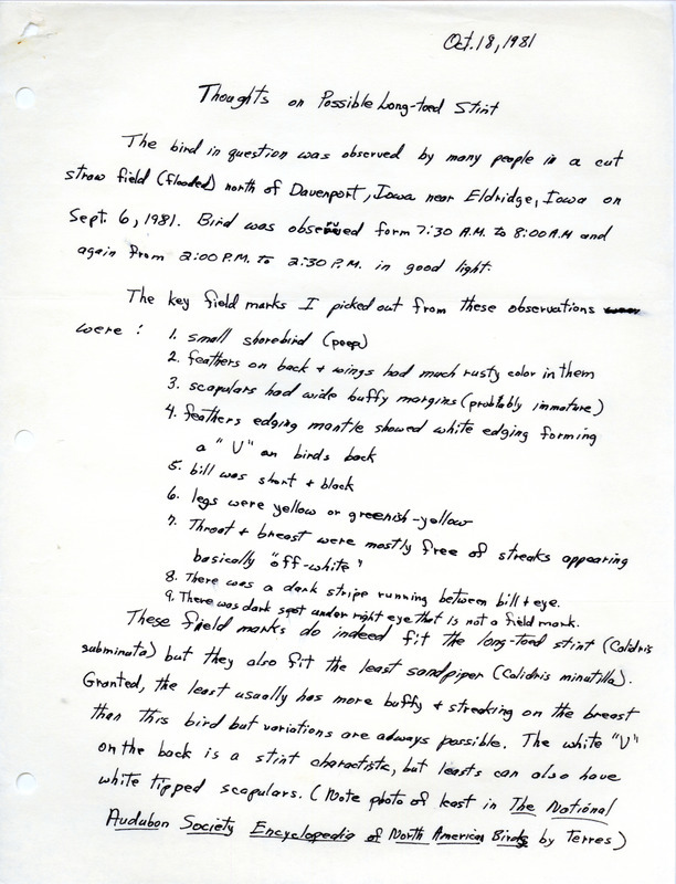 Description of a rare bird sighting of a Long-toed Stint north of Davenport on September 6, 1981.