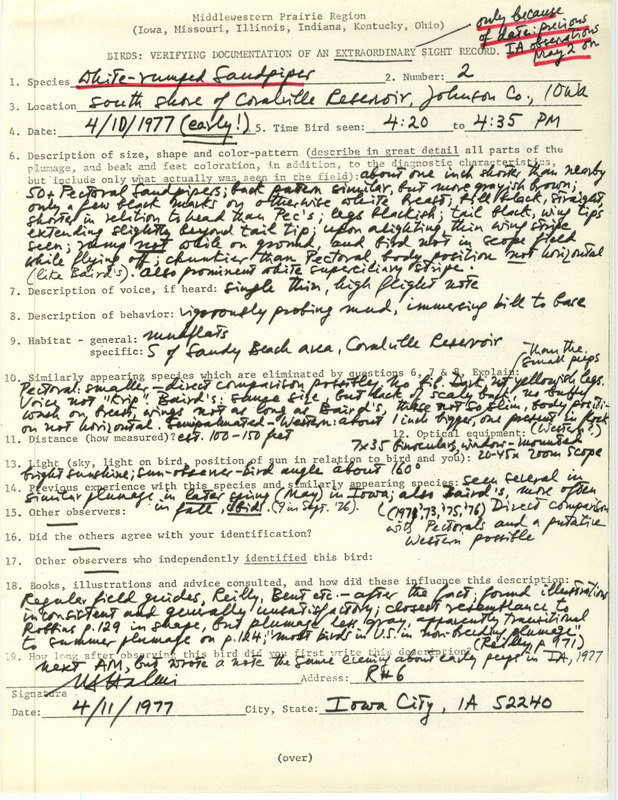 Rare bird documentation form for two White-rumped Sandpipers at Coralville Reservoir in Johnson County, IA on April 10, 1977.