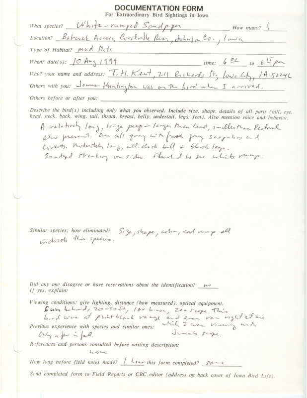 Rare bird documentation form for a White-rumped Sandpiper at Babcock Access at Coralville Reservoir in Johnson County, IA on August 10, 1999.