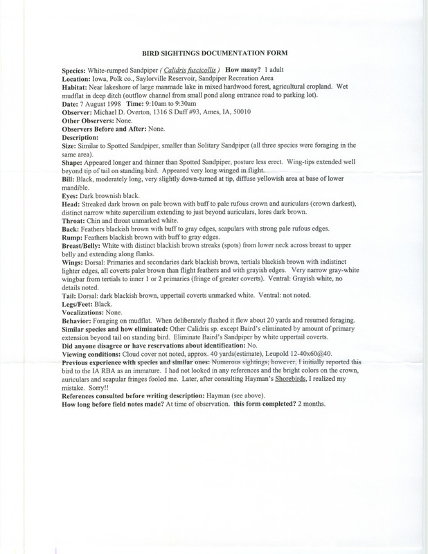 Rare bird documentation form for a White-rumped Sandpiper at Sandpiper Recreation Area at Saylorville Reservoir in Polk County, IA on August 7, 1998.