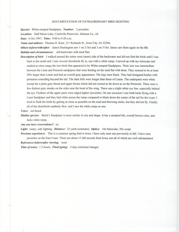 Rare bird documentation form for two White-rumped Sandpipers at Half Moon Lake at Coralville Reservoir in Johnson County, IA on October 6, 1997.