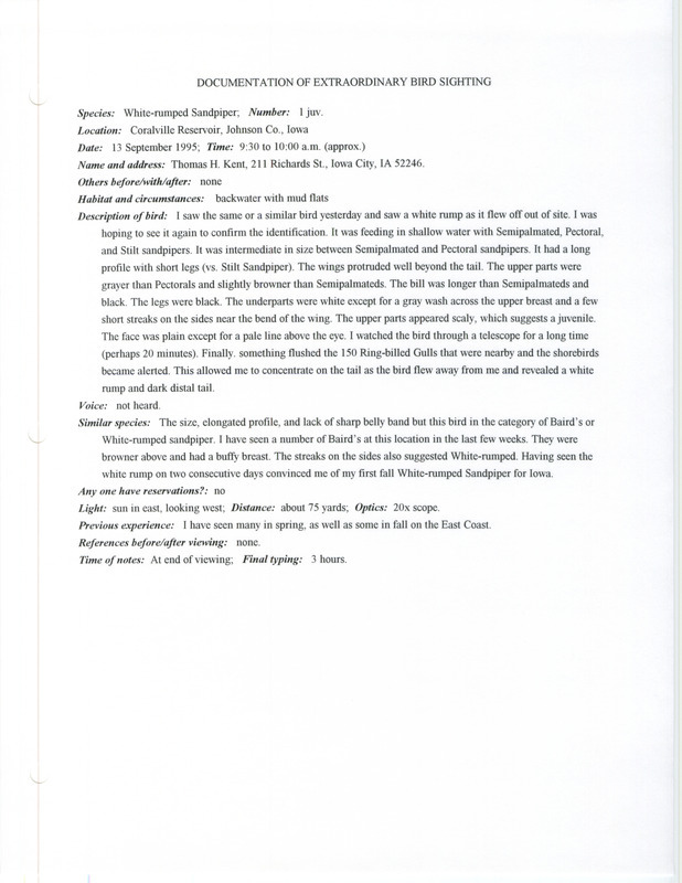 Rare bird documentation form for a White-rumped Sandpiper at Coralville Reservoir in Johnson County, IA on September 13, 1995.