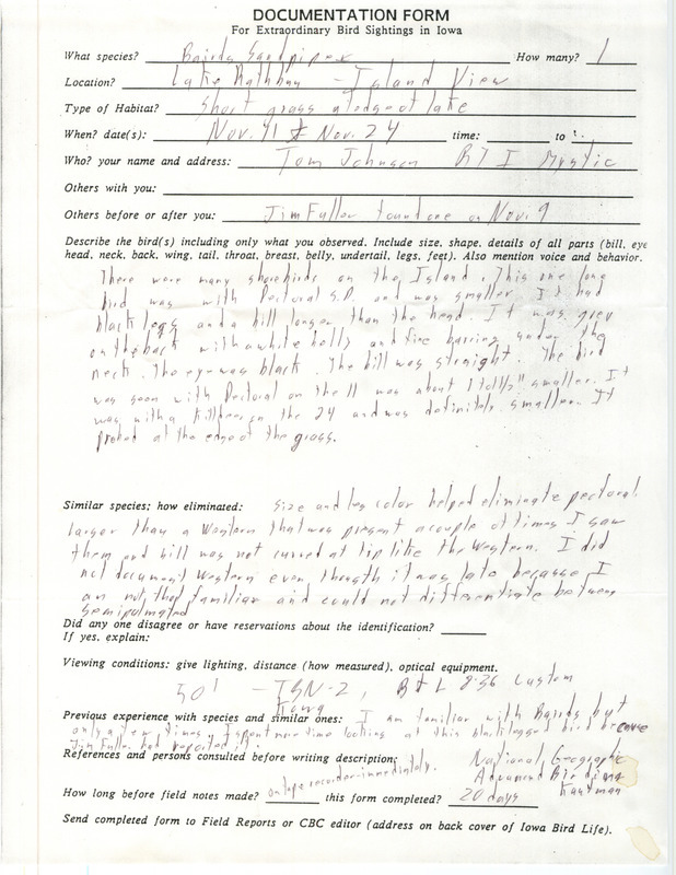 Rare bird documentation form for a Baird's Sandpiper at Lake Rathbun in November 11 and November 24 in an unknown year.