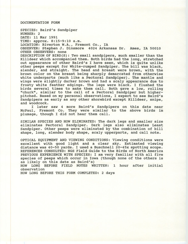 Rare bird documentation form for two Baird's Sandpipers at Riverton Wildlife Area in Fremont County, IA on March 11, 1991.