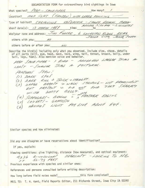 Rare bird documentation form for a Baird's Sandpiper at Sandy Beach area at Coralville Reservoir in Johnson County, IA on March 13, 1988.