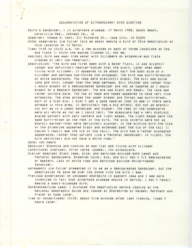 Rare bird documentation form for a Baird's Sandpiper at Sandy Beach in Coralville Reservoir in Johnson County, IA on March 19, 1988.