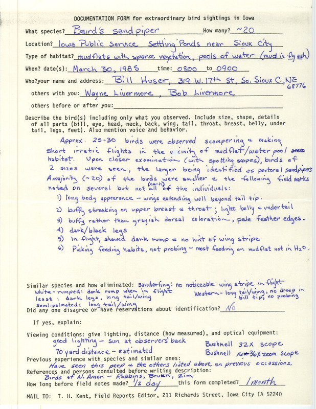 Rare bird documentation form for around twenty Baird's Sandpipers at Iowa Public Service Settling Ponds near Sioux City in Woodbury County, IA on March 30, 1985.