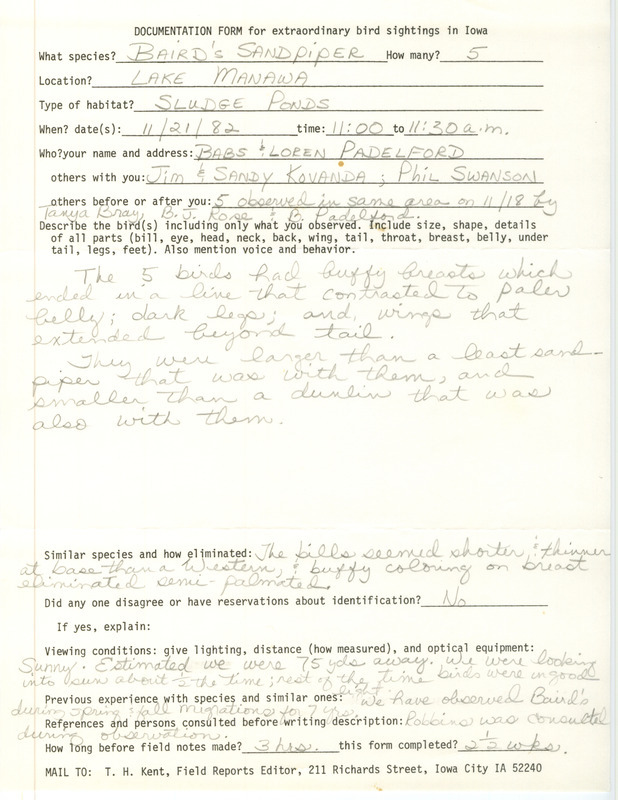 Rare bird documentation form for five Baird's Sandpipers at Lake Manawa in Pottawattamie County, IA on November 21, 1982.