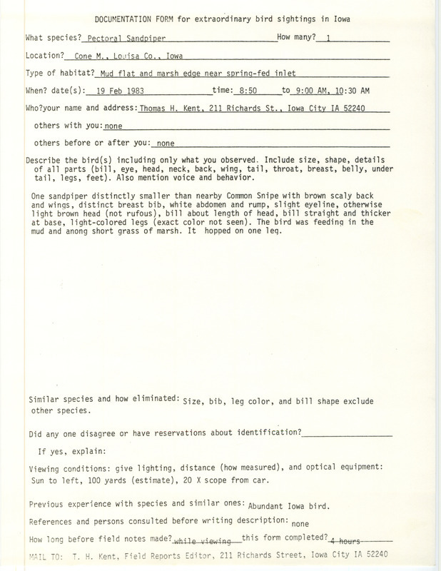 Rare bird documentation form for a Pectoral Sandpiper at Cone March in Louisa County, IA on February 19, 1983.