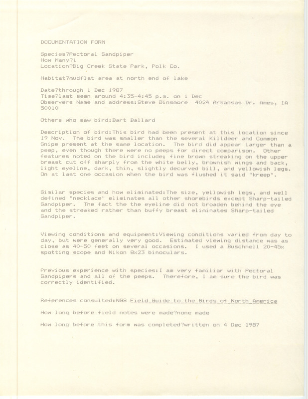 Rare bird documentation form for a Pectoral Sandpiper at Big Creek State Park in Polk County, IA on December 1, 1987.