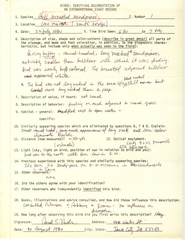 Rare bird documentation form for a Buff-breasted Sandpiper at Cone March in Louisa County, IA on July 22, 1980.