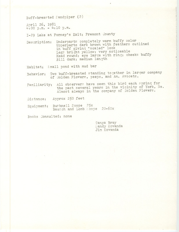 Rare bird documentation form for two Buff-breasted Sandpipers at Forney's Lake near I-29 in Fremont County, IA on April 26, 1981.