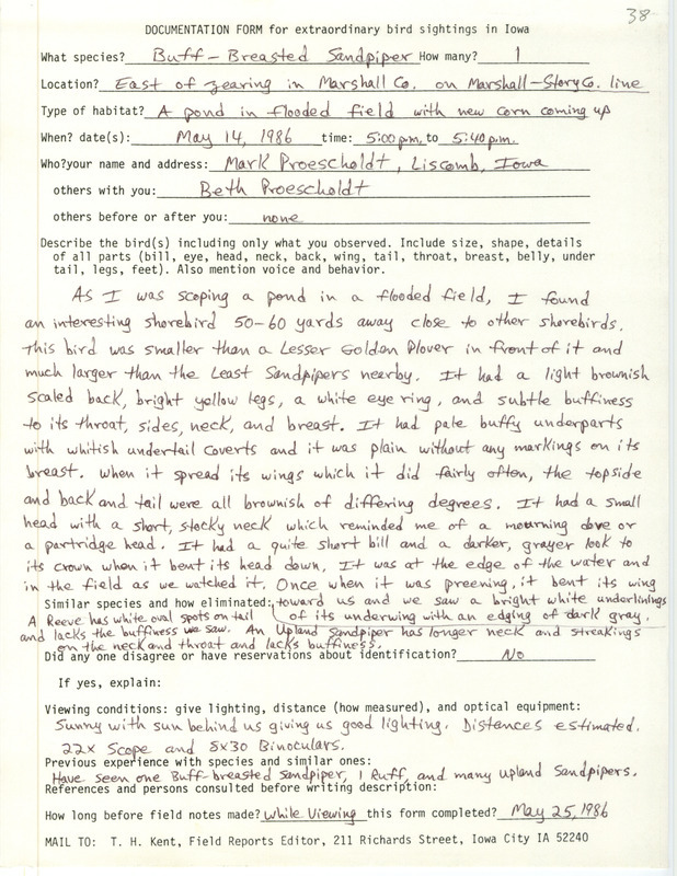 Rare bird documentation form for a Buff-breasted Sandpiper east of Zearing on Marshall and Story County line, IA on May 14, 1986.