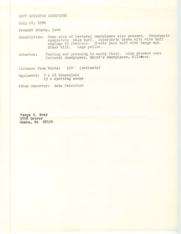 Rare bird documentation form for a Buff-breasted Sandpiper at Fremont County, IA on July 26, 1984.