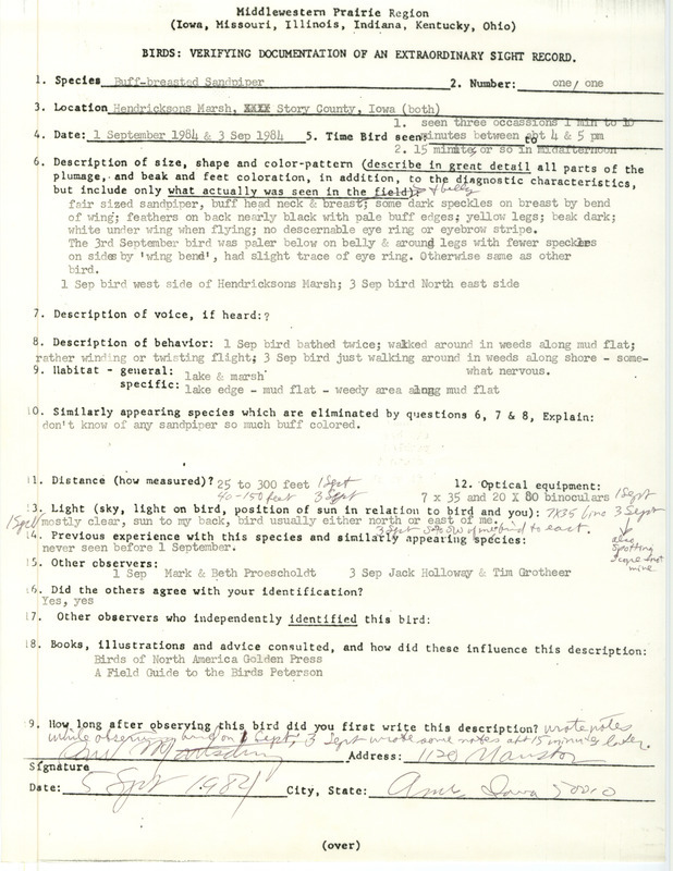 Rare bird documentation form for a Buff-breasted Sandpiper at Hendrickson March in Story County, IA, September 1 and 3, 1984.