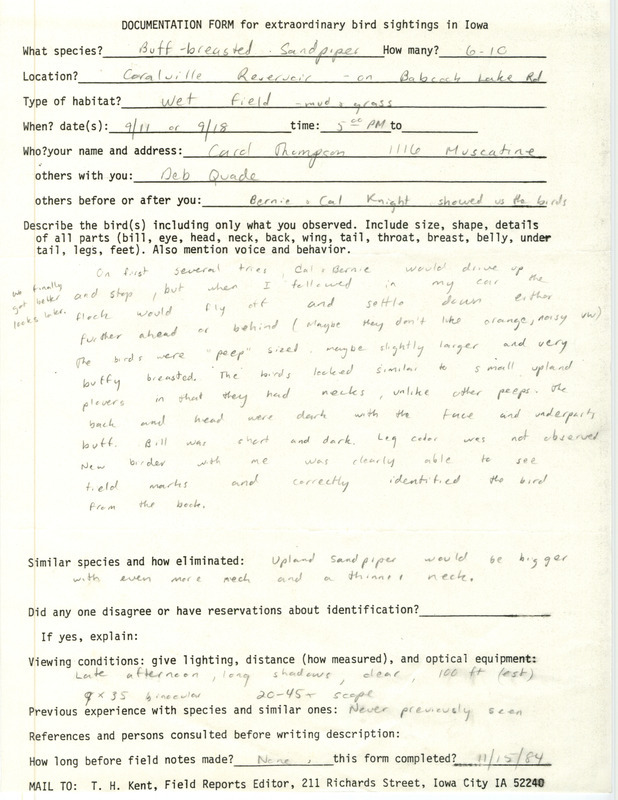 Rare bird documentation form for six to ten Buff-breasted Sandpipers at Babcock Access in Coralville Reservoir in September 11 or 18, 1984.